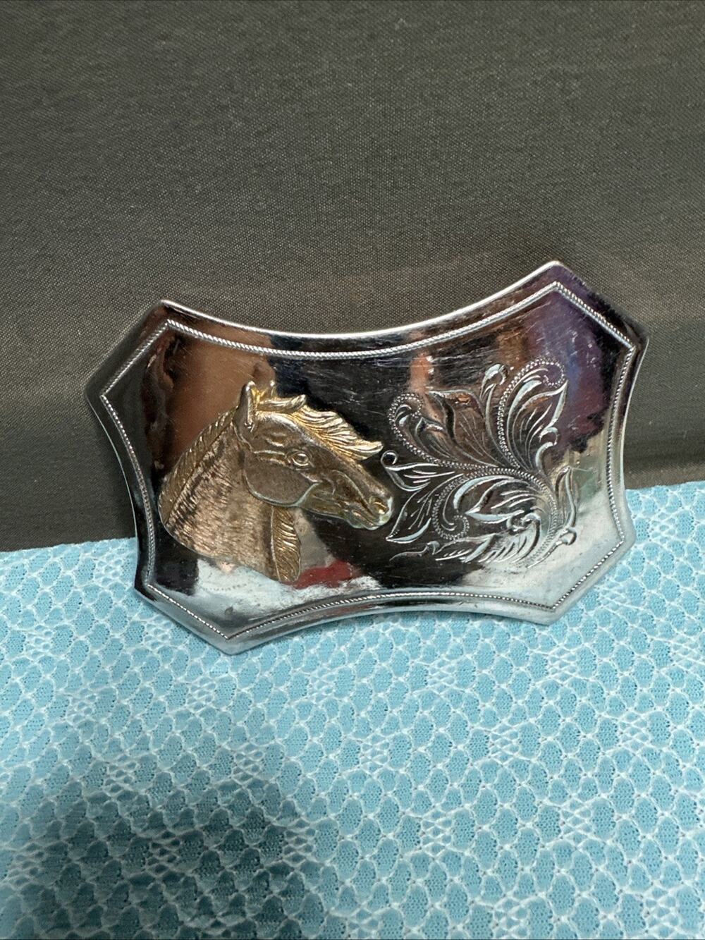 Western Horse Head Belt Buckle Engraved Silver Tone Swirl Fits 1.5" Belt